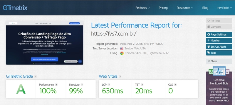 Exemplo de Landing Page para Advocacia Trabalhista - Relatório de Performance GTmetrix Nota A 100%